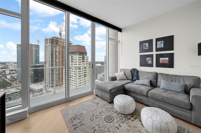 living room featuring floor to ceiling windows and light hardwood / wood-style flooring