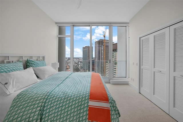 bedroom with a closet, carpet, and a wall of windows