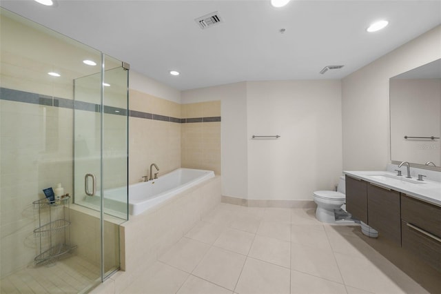 full bathroom with toilet, shower with separate bathtub, tile patterned floors, and vanity