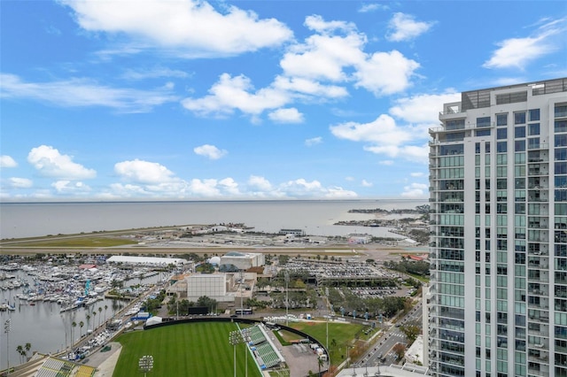 drone / aerial view with a water view