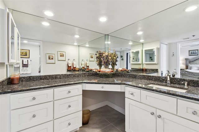 full bath with tile patterned floors, vanity, and recessed lighting