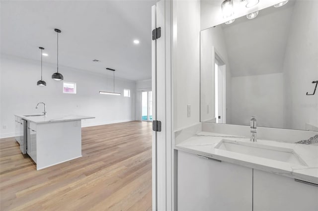 bathroom with vanity and wood-type flooring