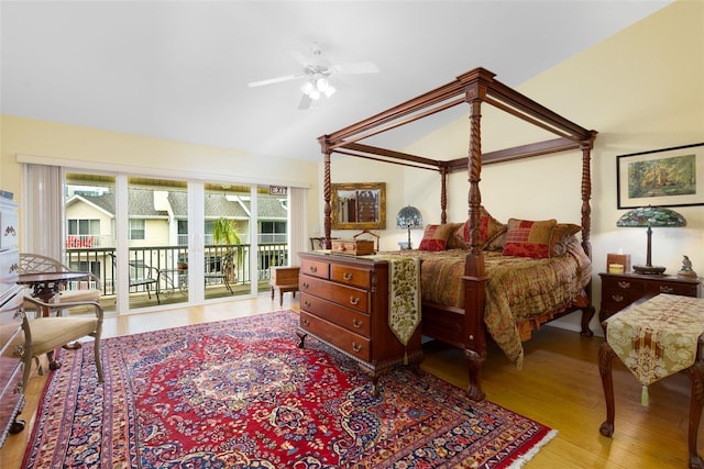 bedroom with access to outside, ceiling fan, and light hardwood / wood-style flooring