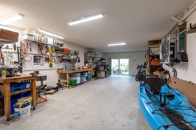 garage featuring a workshop area