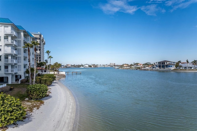 view of water feature featuring a beach view