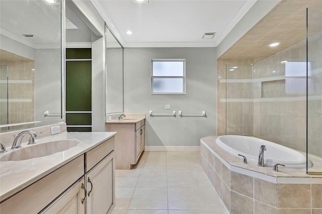 bathroom featuring vanity, tile patterned flooring, ornamental molding, and shower with separate bathtub