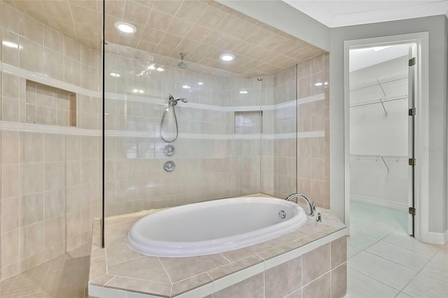 bathroom featuring independent shower and bath and tile patterned floors