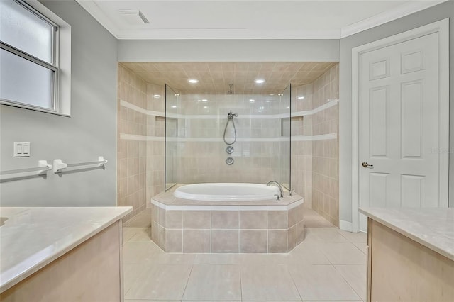 bathroom featuring vanity, tile patterned floors, ornamental molding, and plus walk in shower