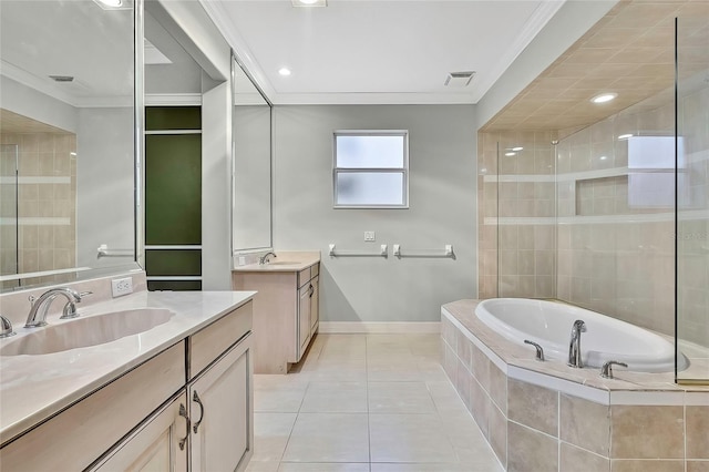 bathroom with ornamental molding, plus walk in shower, tile patterned flooring, and vanity