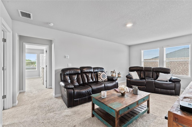 carpeted living room featuring a textured ceiling