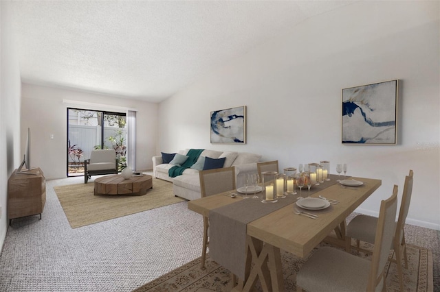 dining area featuring carpet, baseboards, vaulted ceiling, and a textured ceiling