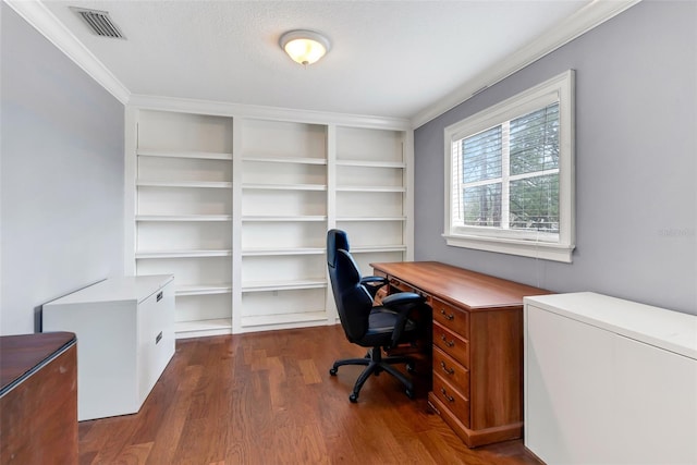 office area with crown molding, a textured ceiling, and dark hardwood / wood-style flooring