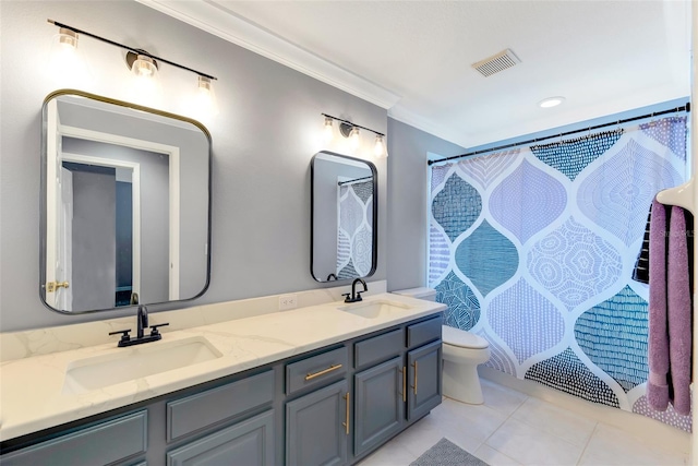 bathroom featuring tile patterned floors, vanity, a shower with curtain, toilet, and crown molding