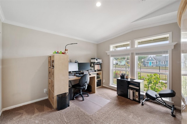 office featuring carpet flooring, crown molding, and vaulted ceiling