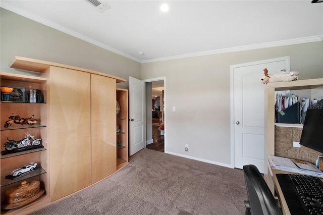 office space featuring carpet and crown molding