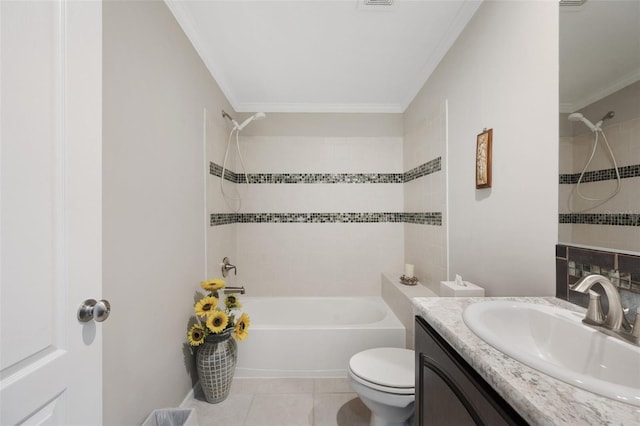 full bathroom with toilet, vanity, tile patterned floors, tiled shower / bath combo, and crown molding