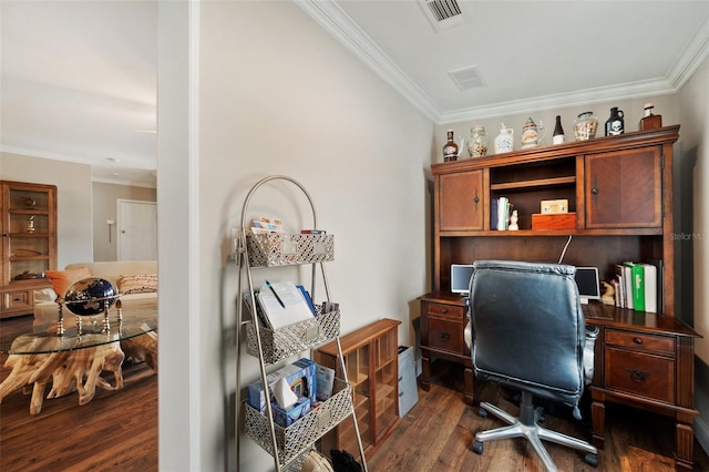 office area featuring ornamental molding and dark hardwood / wood-style floors