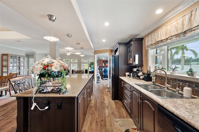 kitchen with light hardwood / wood-style floors, a kitchen island, sink, hanging light fixtures, and dark brown cabinets