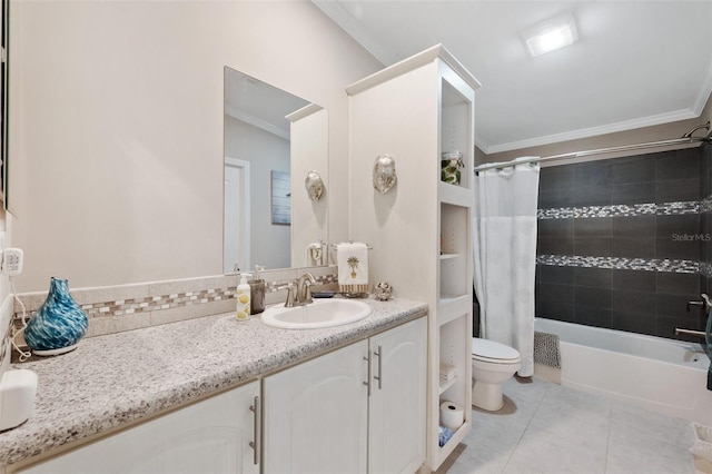 full bathroom with tile patterned flooring, vanity, shower / tub combo, toilet, and crown molding