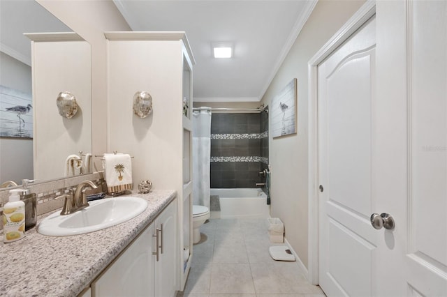 full bathroom featuring toilet, vanity, tile patterned floors, shower / bathtub combination with curtain, and crown molding