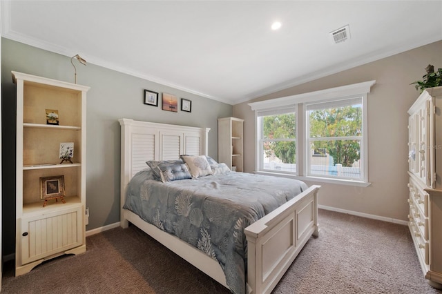 bedroom with light colored carpet, ornamental molding, and lofted ceiling