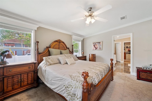 carpeted bedroom featuring ceiling fan, crown molding, and multiple windows