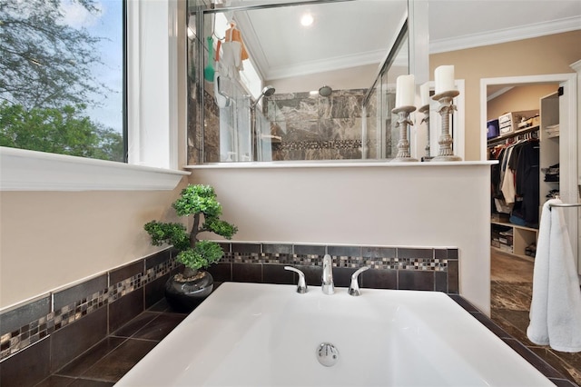 bathroom featuring a shower and ornamental molding