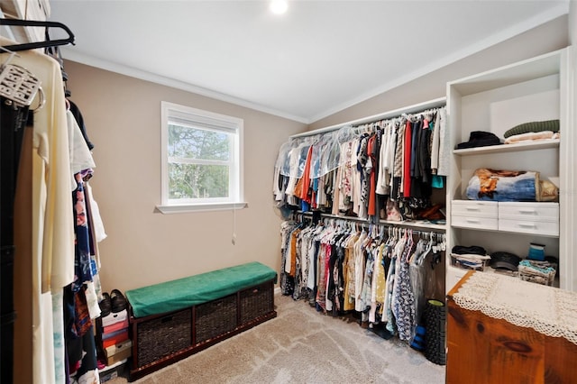 walk in closet featuring light carpet