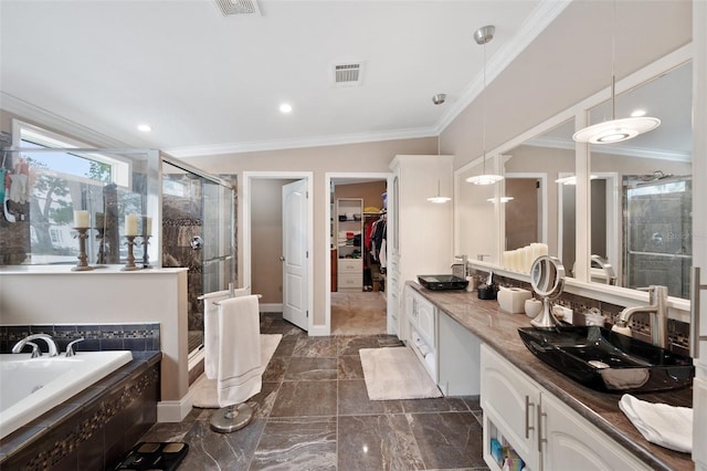 bathroom with crown molding, vanity, lofted ceiling, and plus walk in shower