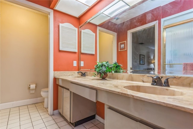 bathroom featuring toilet, vanity, and tile patterned flooring