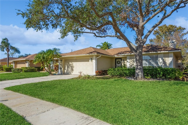 ranch-style house with a front lawn and a garage