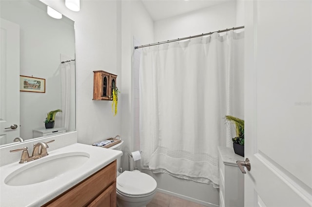 full bathroom featuring vanity, shower / bath combination with curtain, and toilet