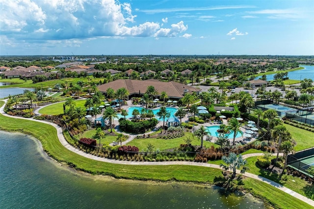 drone / aerial view with a water view