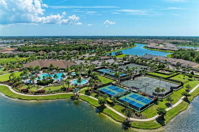 drone / aerial view with a water view