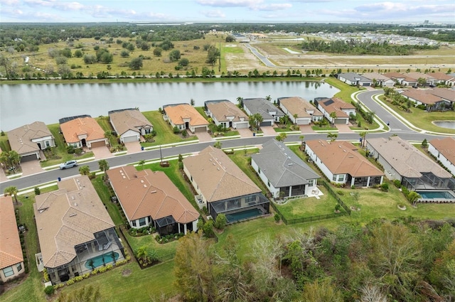 drone / aerial view featuring a water view