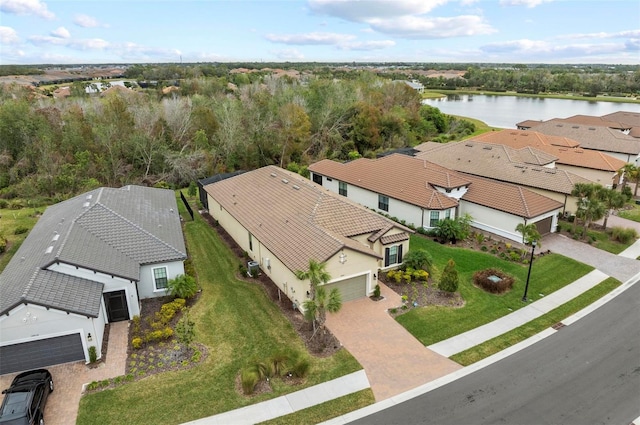 bird's eye view with a water view