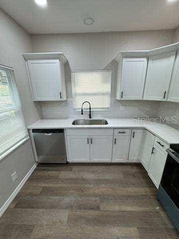 kitchen featuring stainless steel dishwasher, sink, and white cabinets