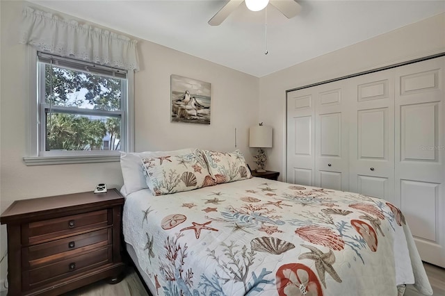 bedroom featuring a closet, ceiling fan, and light hardwood / wood-style flooring