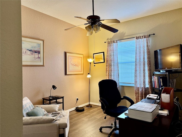 office area featuring ceiling fan and light hardwood / wood-style floors