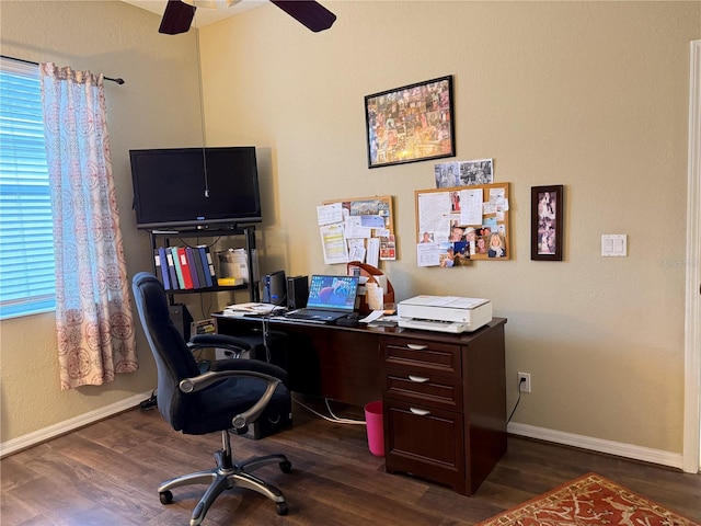 office area with dark hardwood / wood-style floors and ceiling fan