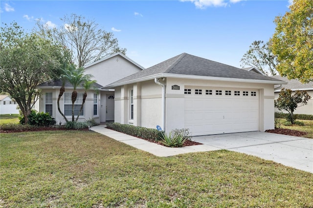 single story home featuring a front yard and a garage