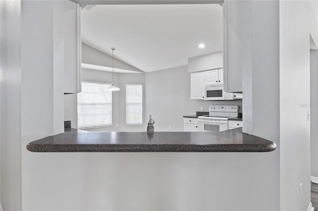 kitchen with white cabinetry, kitchen peninsula, decorative light fixtures, white appliances, and vaulted ceiling