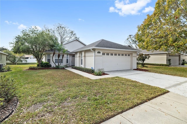 single story home with a front yard, a garage, and central AC unit