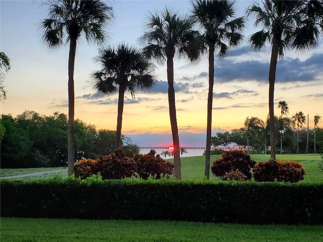 view of property's community featuring a water view and a yard