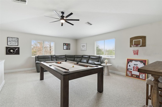 game room featuring light colored carpet and ceiling fan