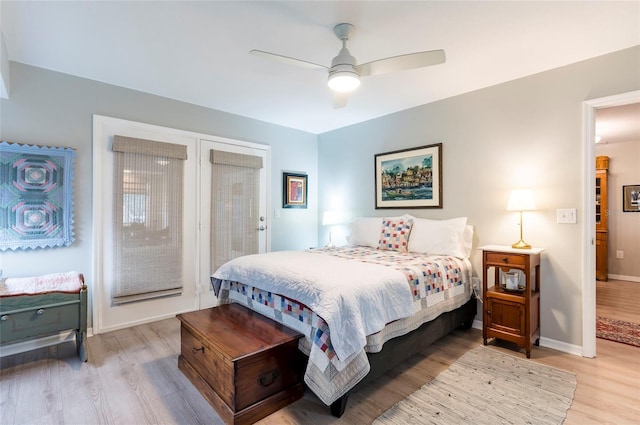 bedroom featuring ceiling fan and light hardwood / wood-style flooring