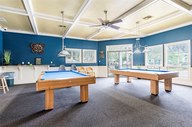 game room with beamed ceiling, billiards, coffered ceiling, and ceiling fan