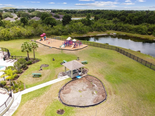 birds eye view of property featuring a water view