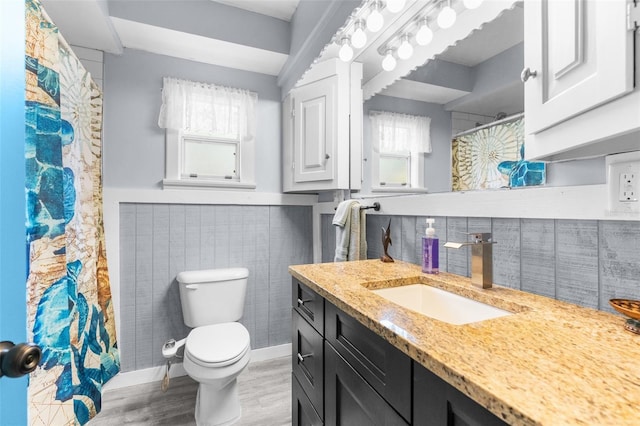 bathroom with vanity, a healthy amount of sunlight, hardwood / wood-style floors, and toilet