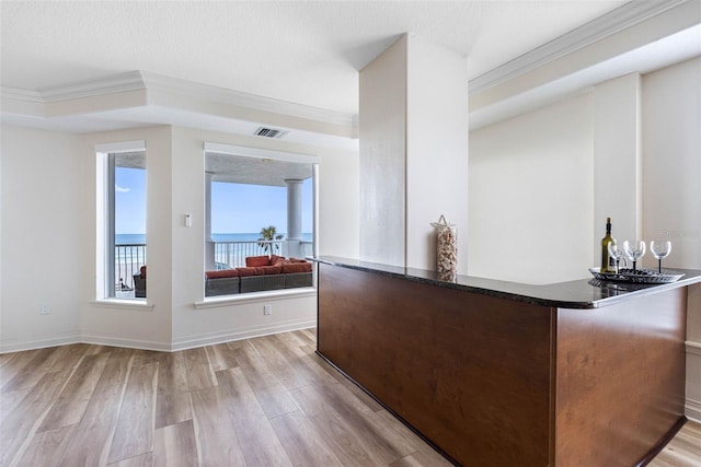 bar featuring crown molding, a dry bar, visible vents, light wood-type flooring, and baseboards